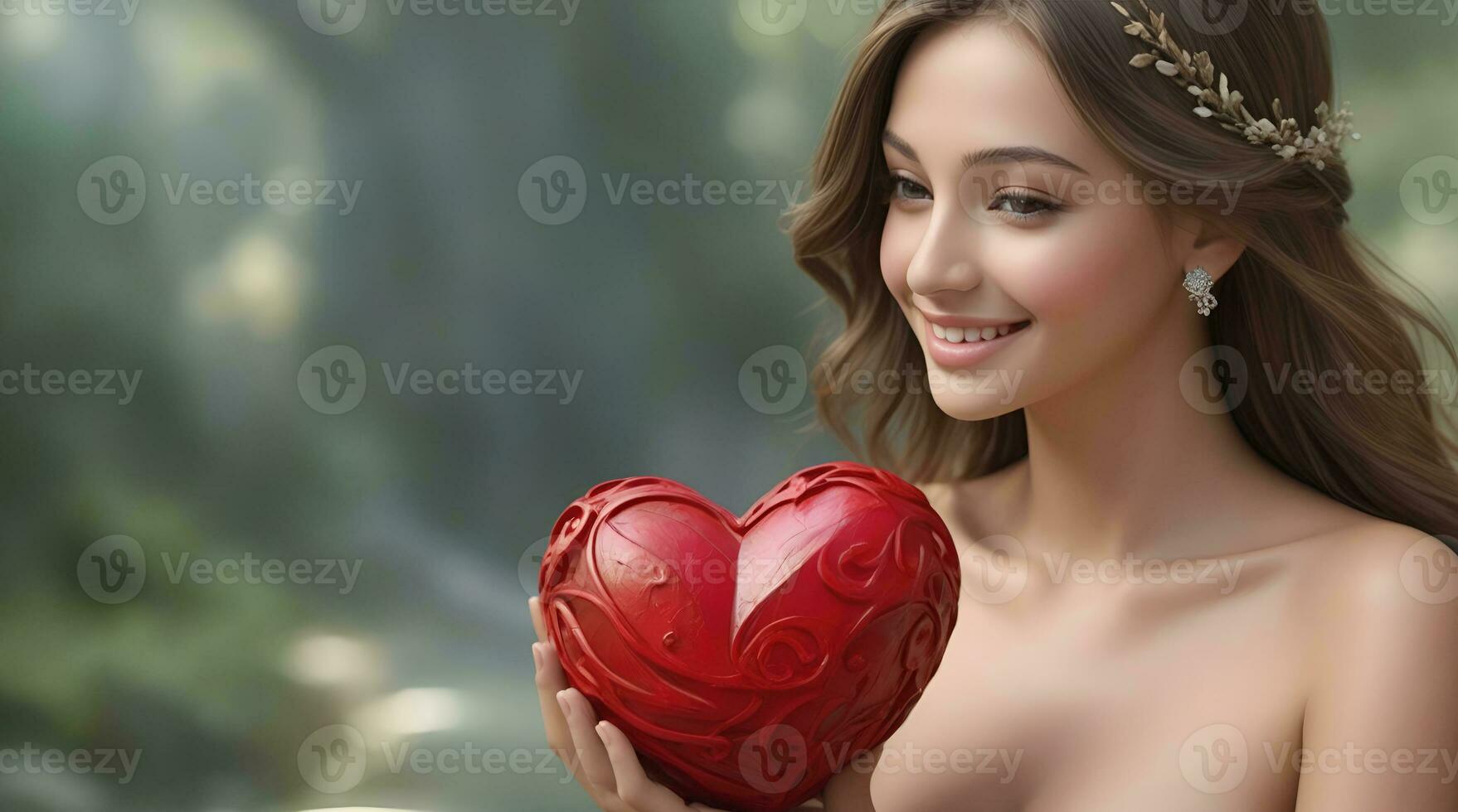 AI generated celebration for Valentine's Day with beautiful young woman holds a red heart in her hands photo