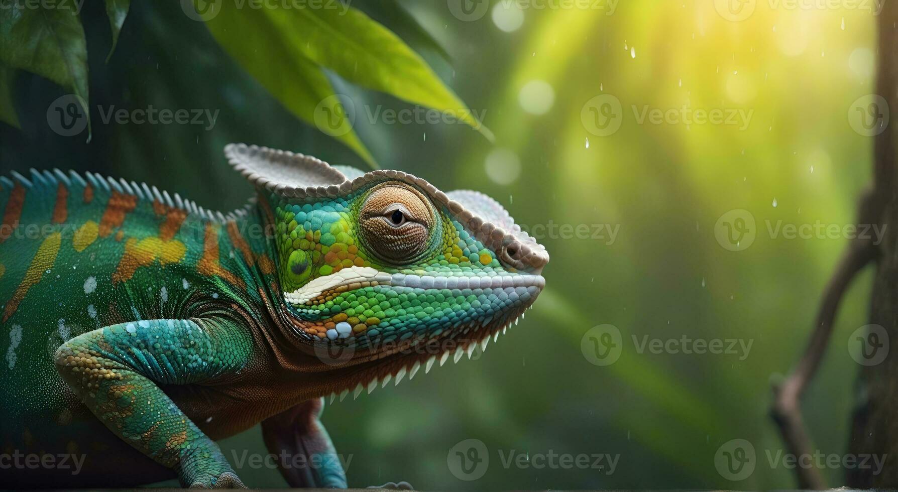 AI generated Close-up photo Exotic Reptile of chameleon with various colors of nature