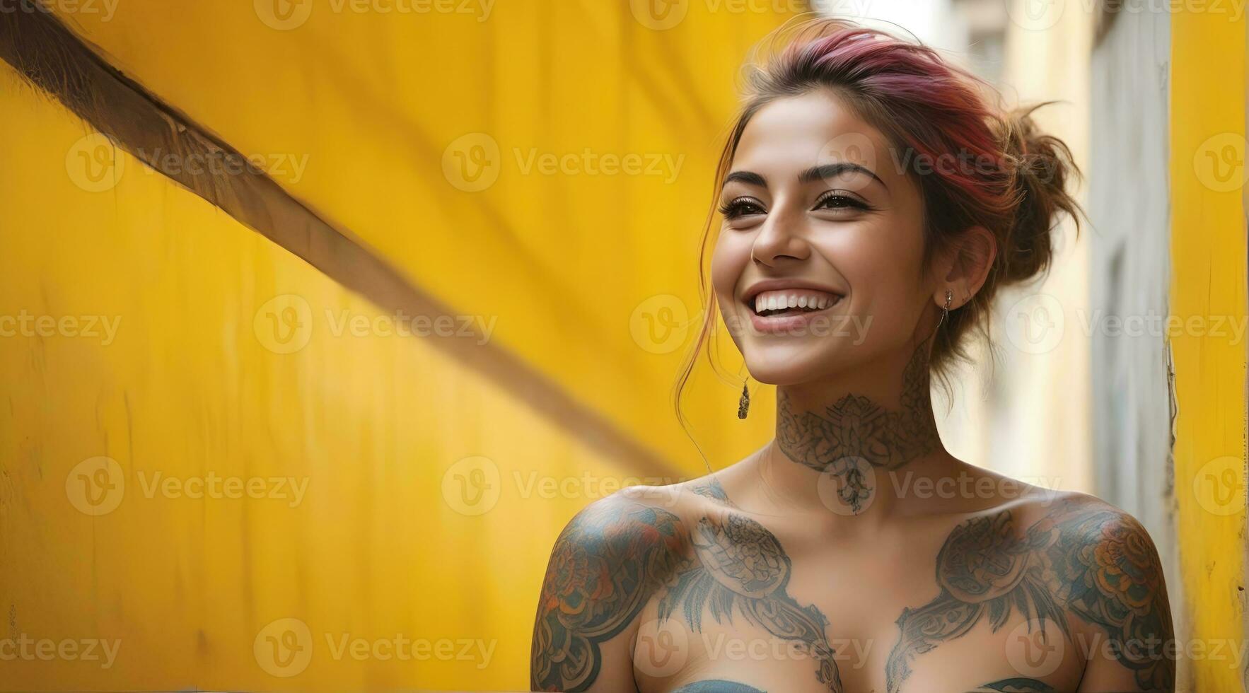 AI generated Portrait of a woman with a body full of artistic tattoos photo