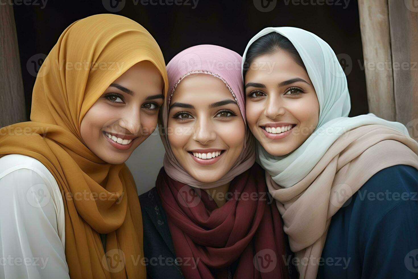 AI generated Beautiful group of Muslims women smiling and laughing wearing a hijab and decorated shawl photo