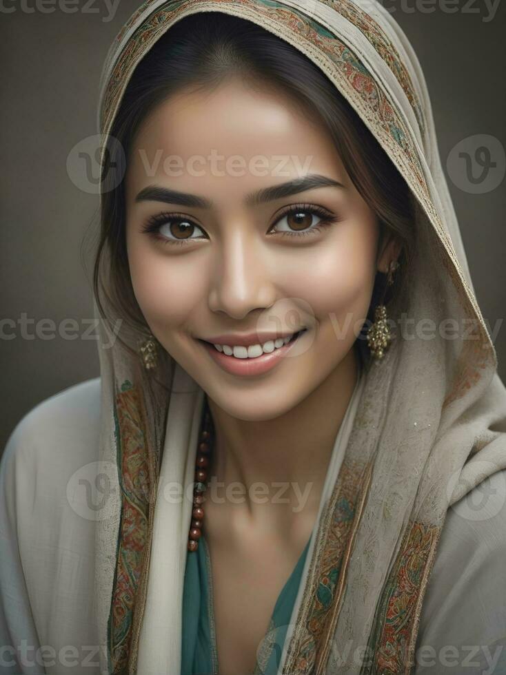 ai generado hermosa musulmán mujer sonriente y riendo vistiendo un hijab y decorado chal foto