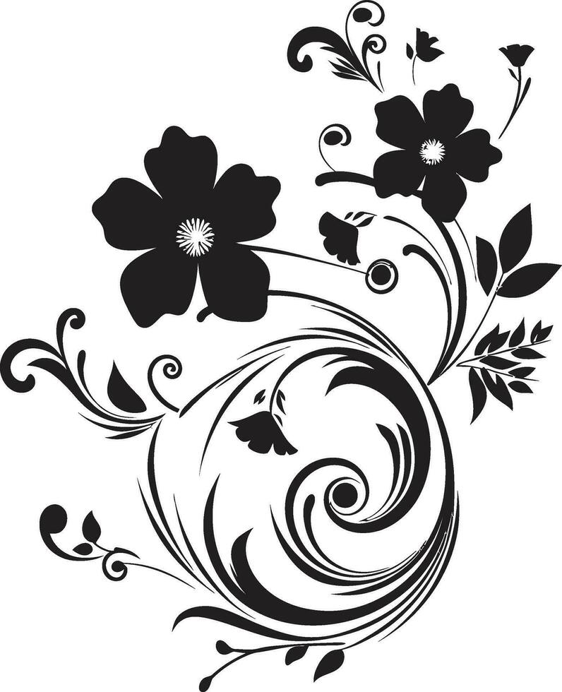 Artistic Noir Blossom Black Icon Design Hand Drawn Floral Chic Vector Emblem