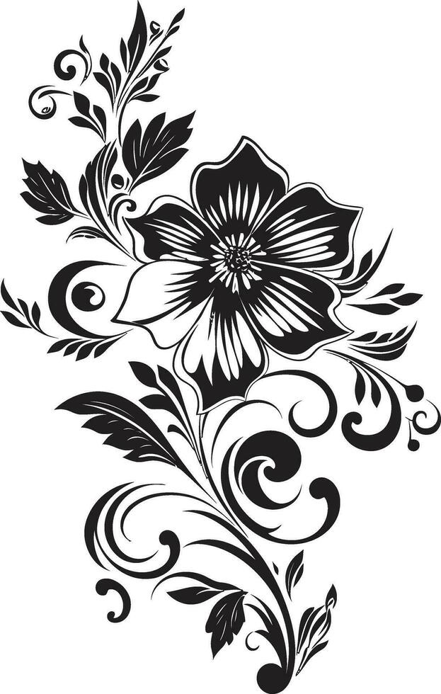 Charming Floral Etching Black Vector Icon Dynamic Handcrafted Foliage Iconic Logo Symbol