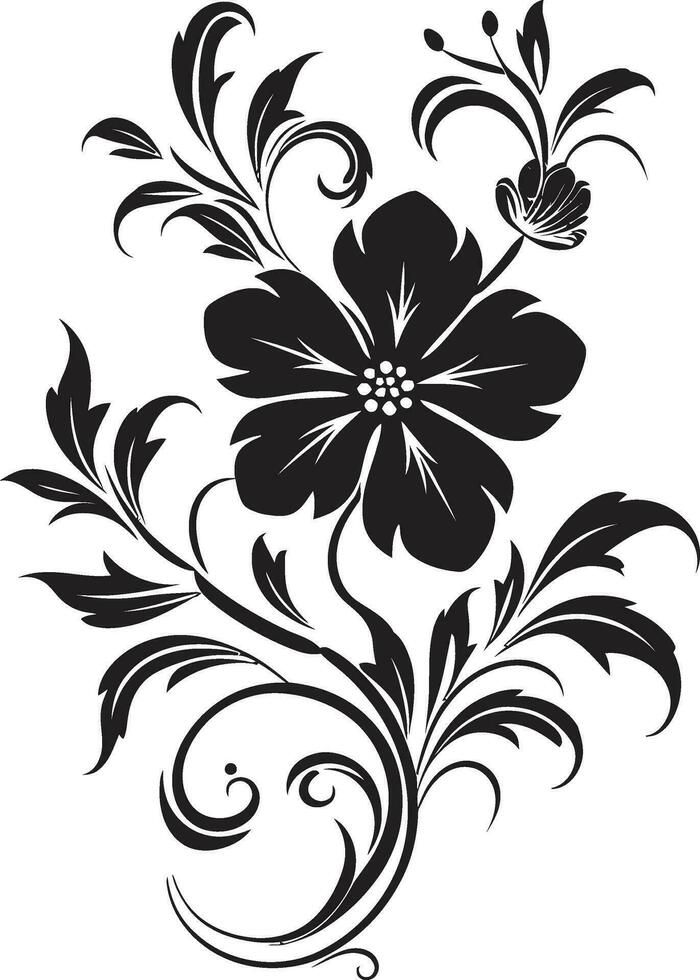 Inky Organic Petals Iconic Black Design Elegant Bloom Scroll Hand Drawn Vector