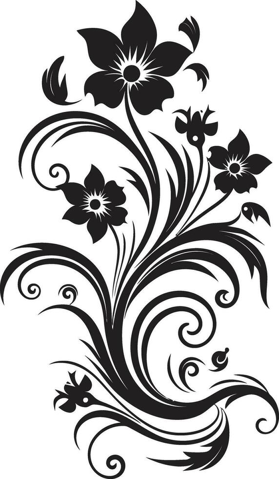 Black Vector Bouquet Hand Drawn Design Sleek Blooming Art Floral Icon Emblem