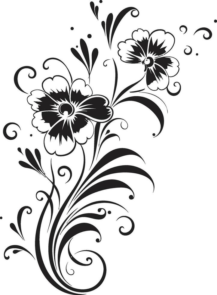 Hand Drawn Noir Foliage Vector Logo Intricate Floral Scroll Black Icon Design