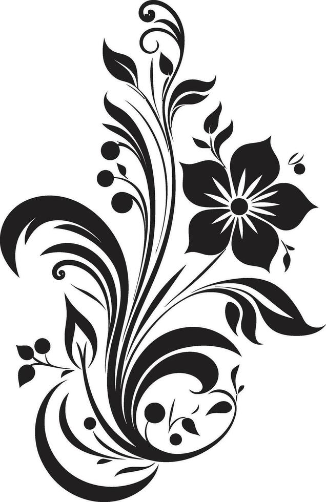 Artisanal Floral Whirl Black Icon Emblem Handcrafted Noir Blooms Vector Logo