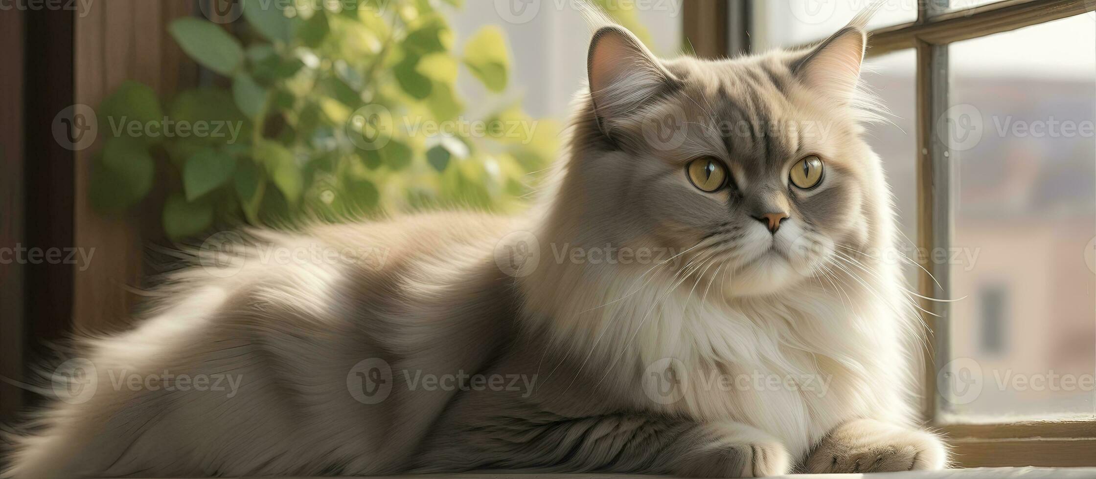 AI generated image of a cute cat seated on a windowsill photo