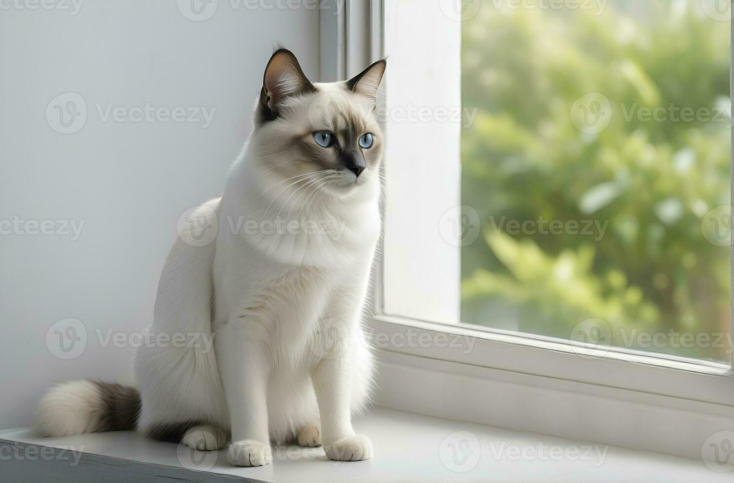 AI generated image of a cute cat seated on a windowsill photo