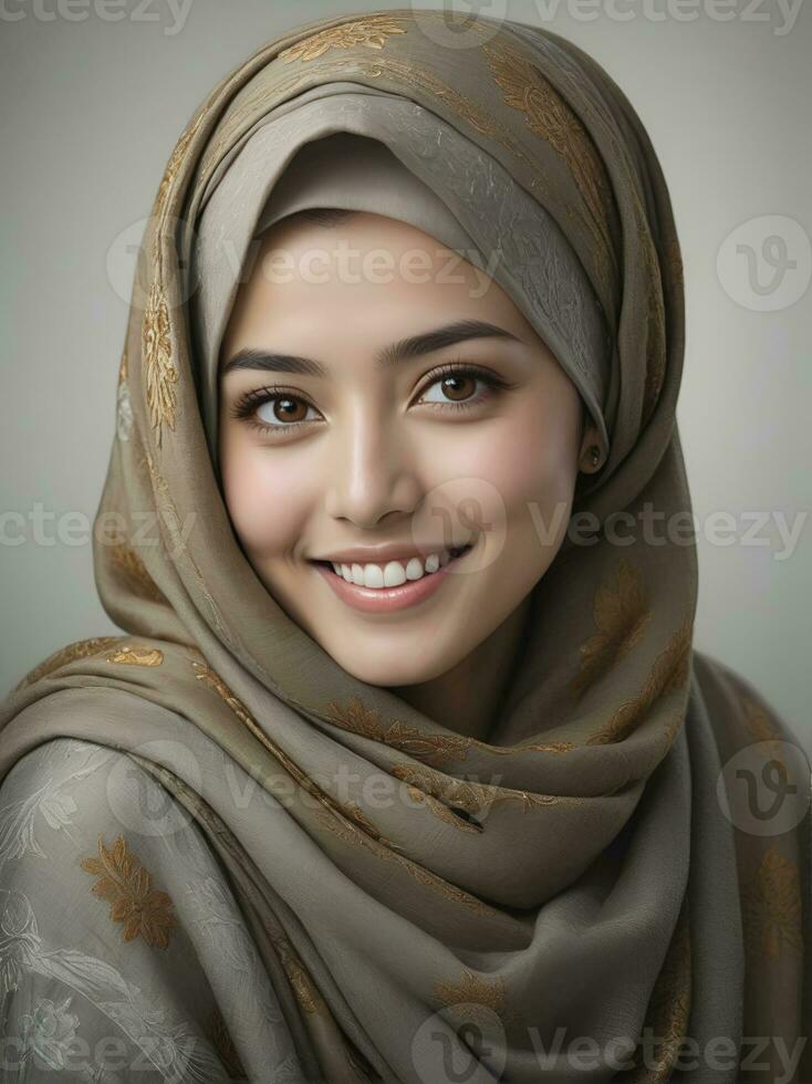 ai generado hermosa musulmán mujer sonriente y riendo vistiendo un hijab y decorado chal foto