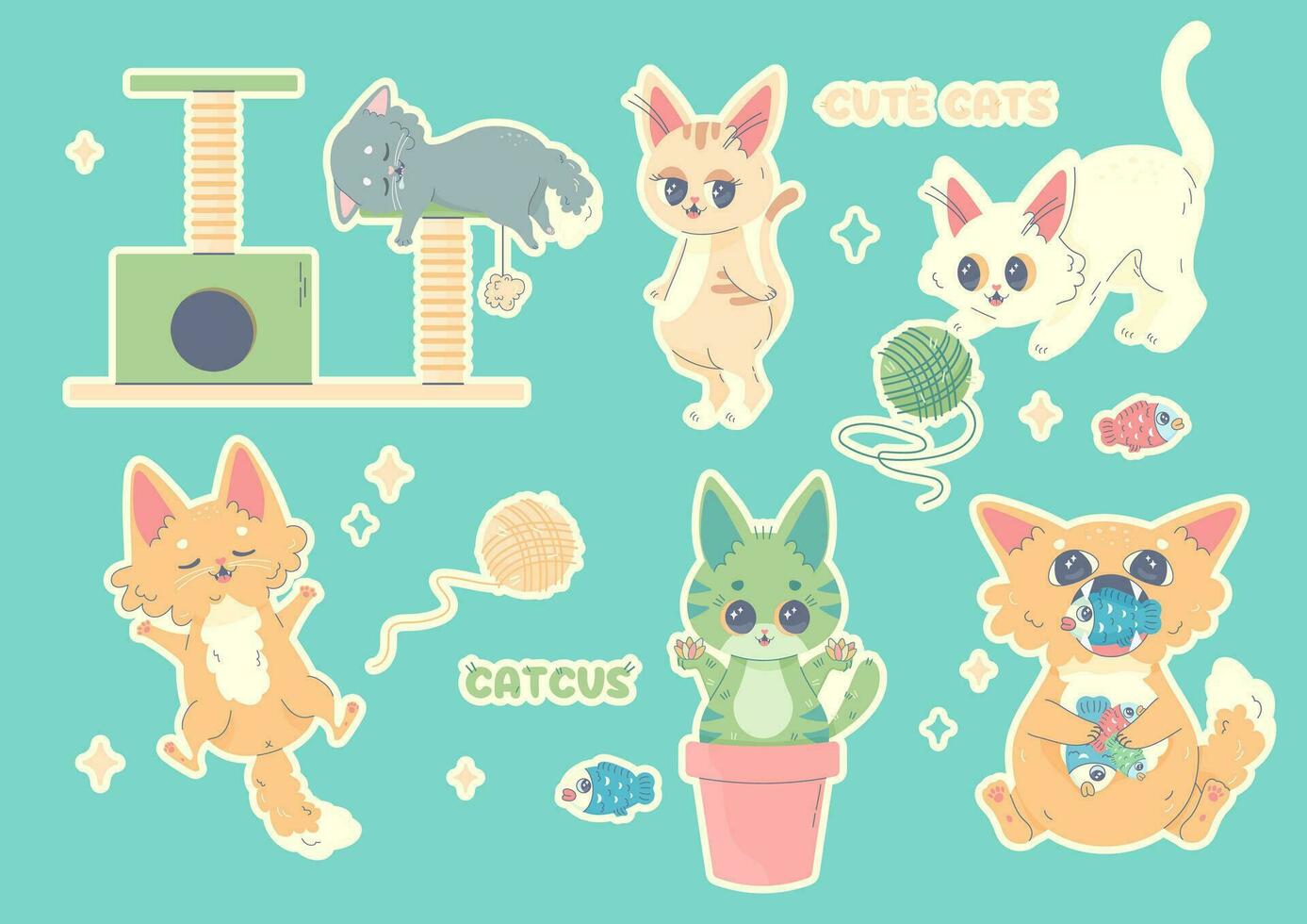 set of cats, stickers, cats in different poses, kawaii vector
