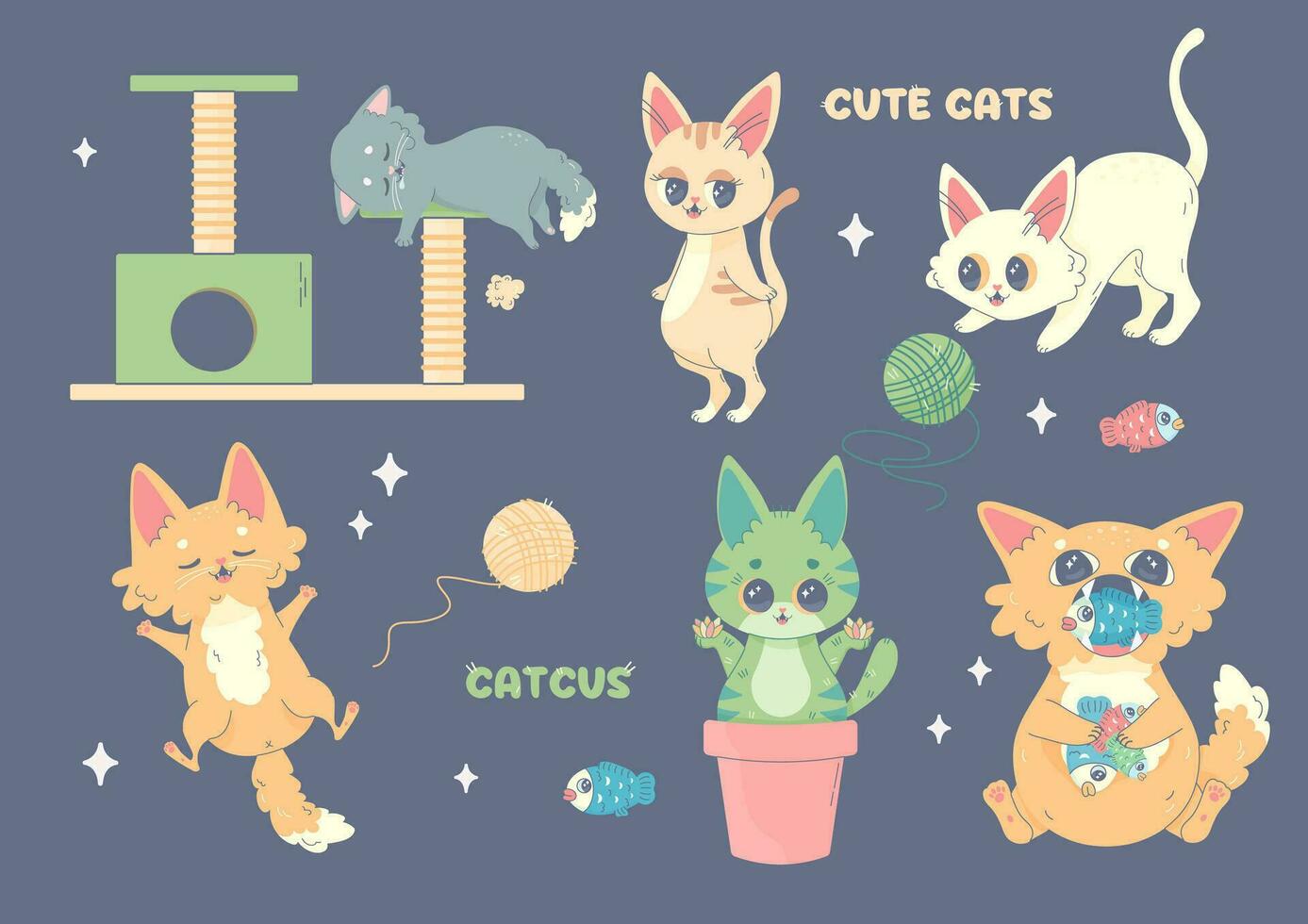 conjunto de gatos, pegatinas, gatos en diferente posa, kawaii vector