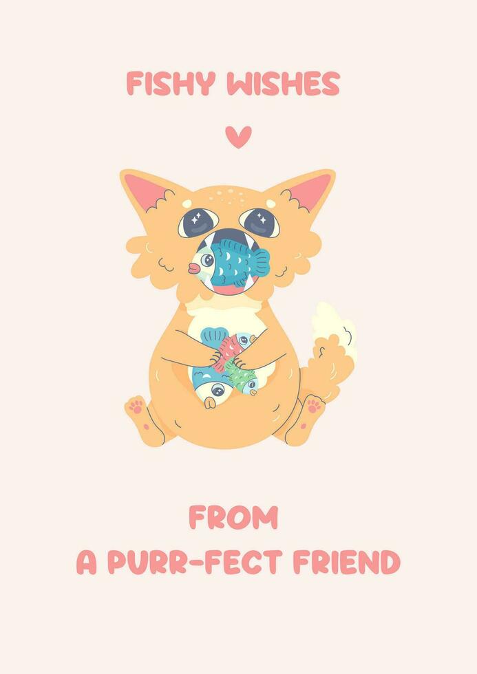 Cute ginger cat eating fish, postcard to best friend vector