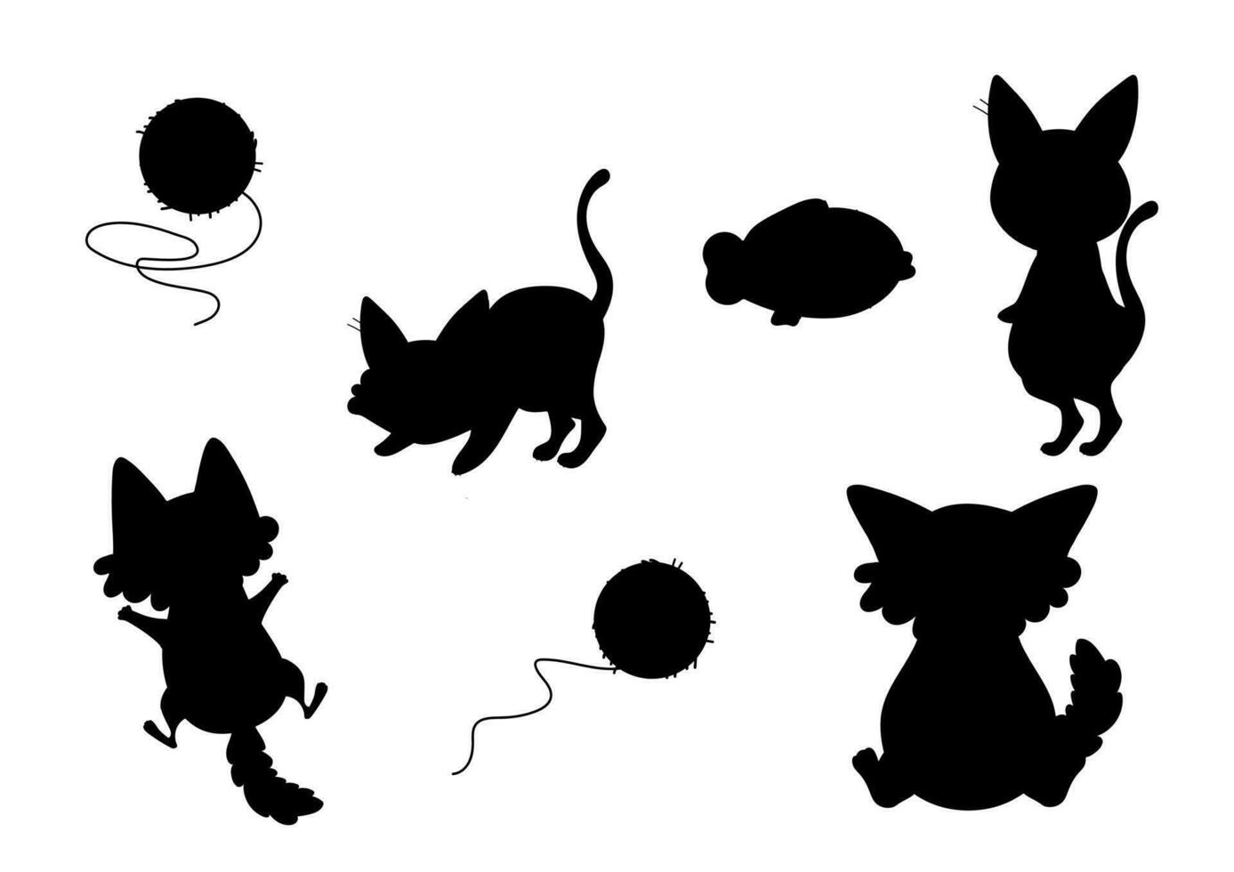 set of cats silhouettes of cartoon cats in different poses , kawaii , vector