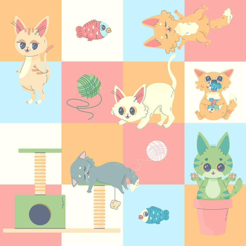 Seamless pattern set of cats , vector illustration for fabric, print, apparel