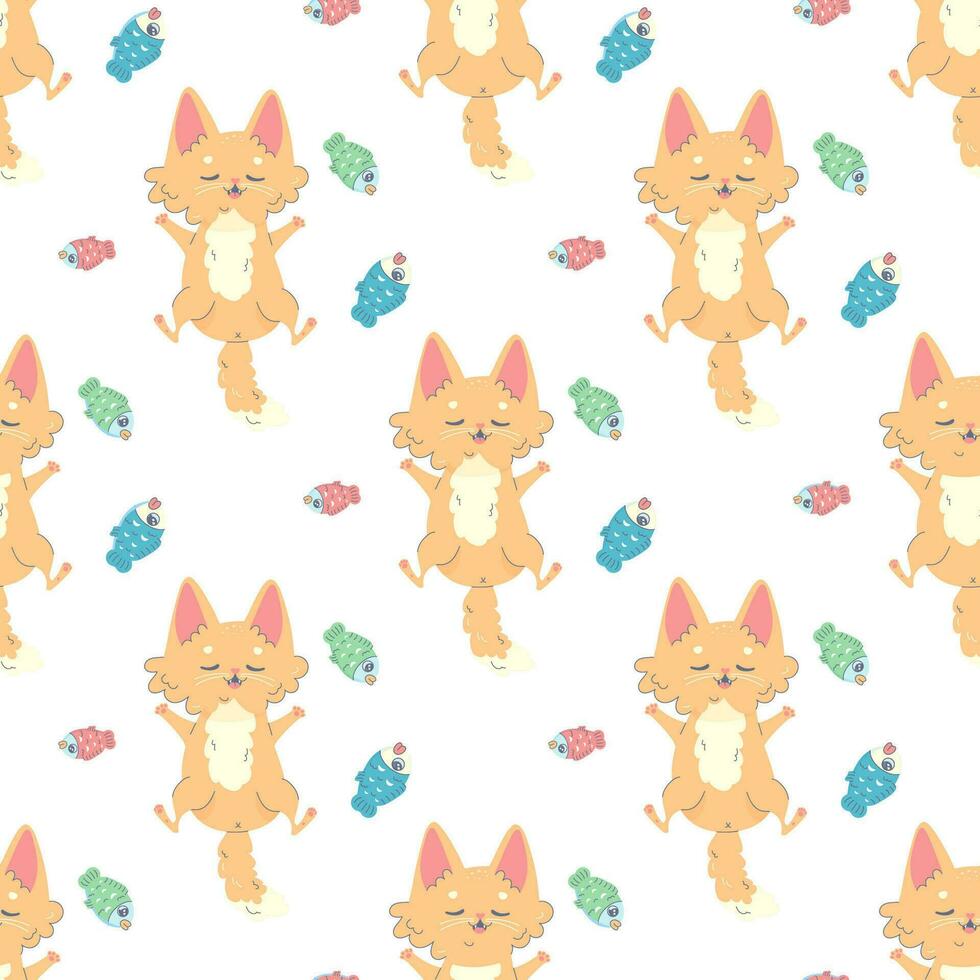 Seamless pattern cat full of fish and sleeping, vector illustration for fabric