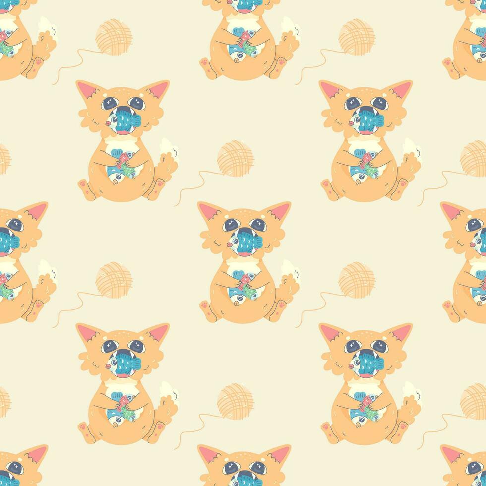 Seamless pattern cat full of fish and sleeping, vector illustration for fabric