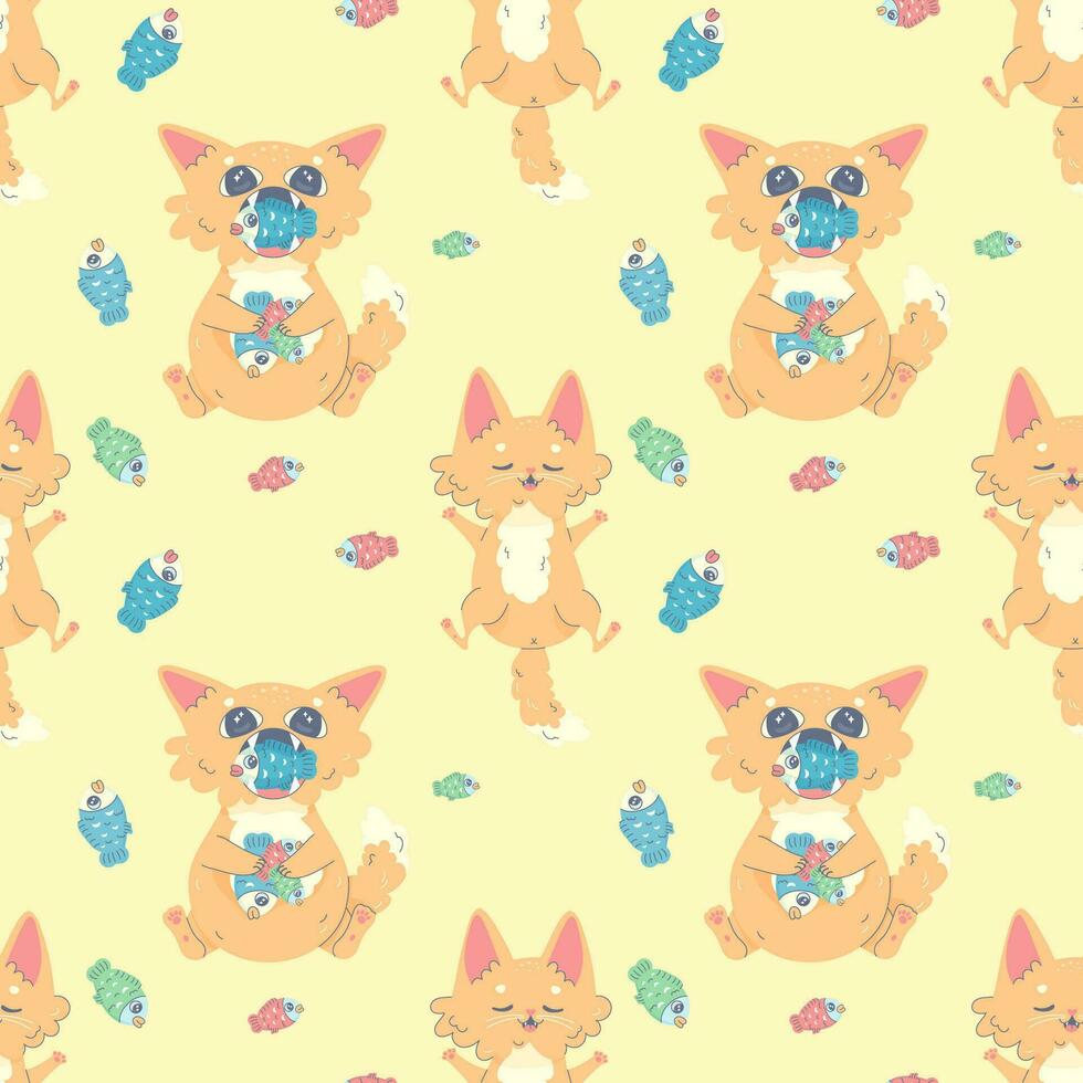 Seamless pattern cat full of fish and sleeping, vector illustration for fabric