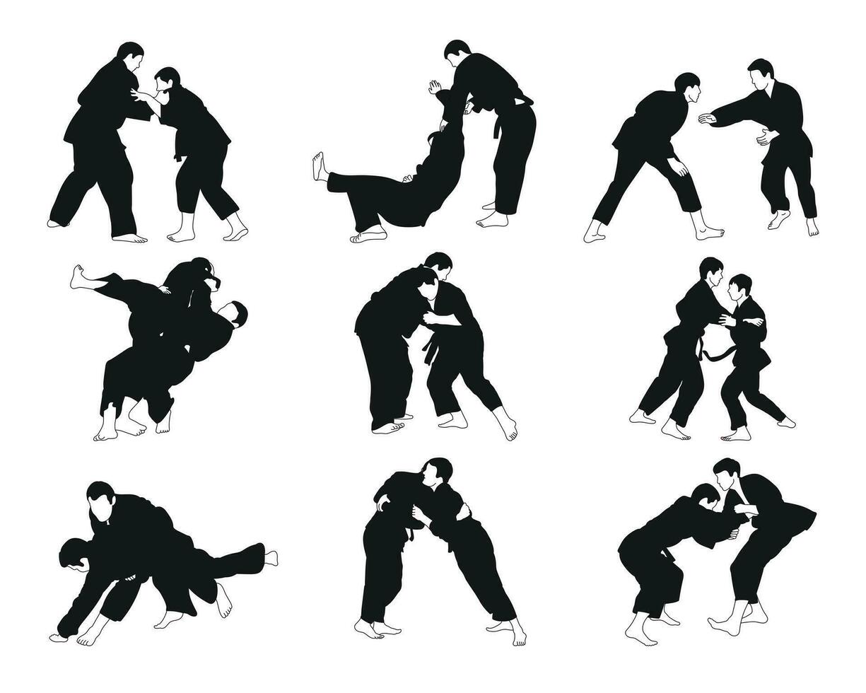 colección de judoka siluetas, aislado vector