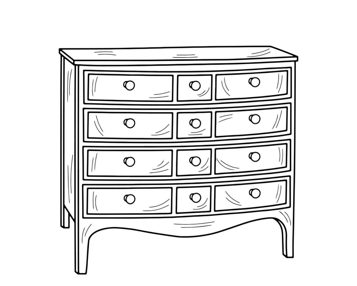 Sketch of a chest of drawers, dresser. Design piece of furniture for storage. Isolated vector