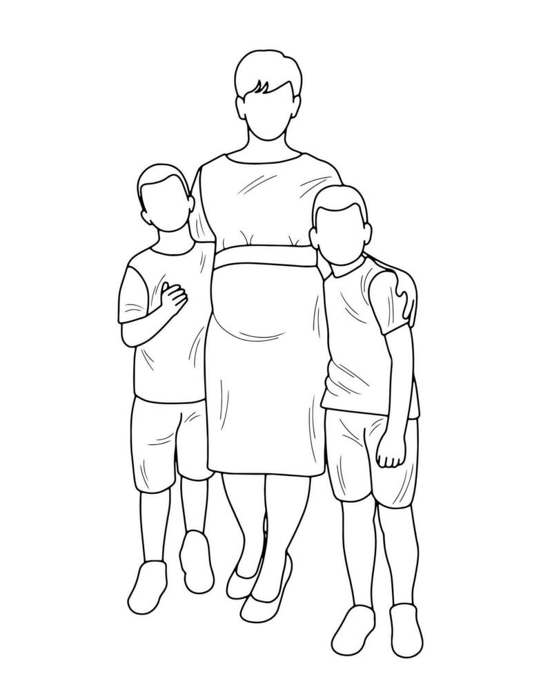 Sketch silhouette of a pregnant mother hugging her two sons, maternal feelings, isolated vector