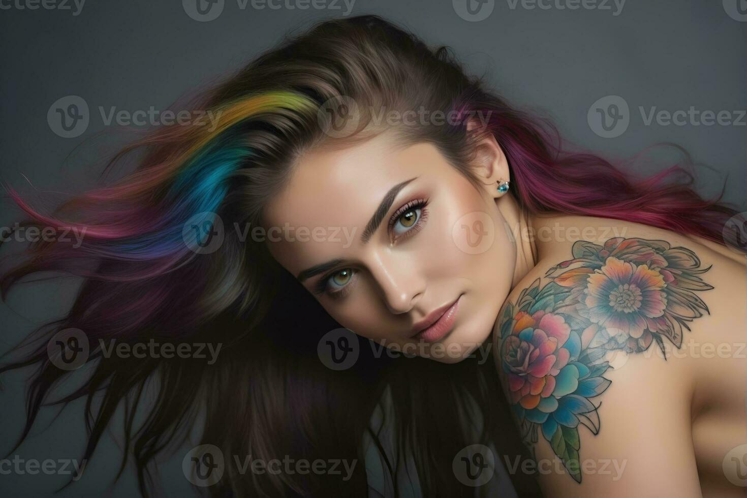 ai generado retrato de un mujer con un cuerpo lleno de artístico tatuajes foto