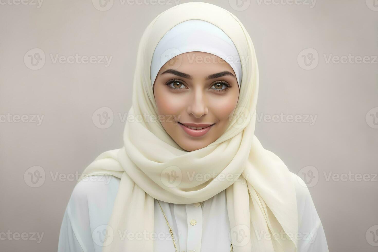 AI generated Beautiful Muslim woman smiling and laughing wearing a hijab and decorated shawl photo