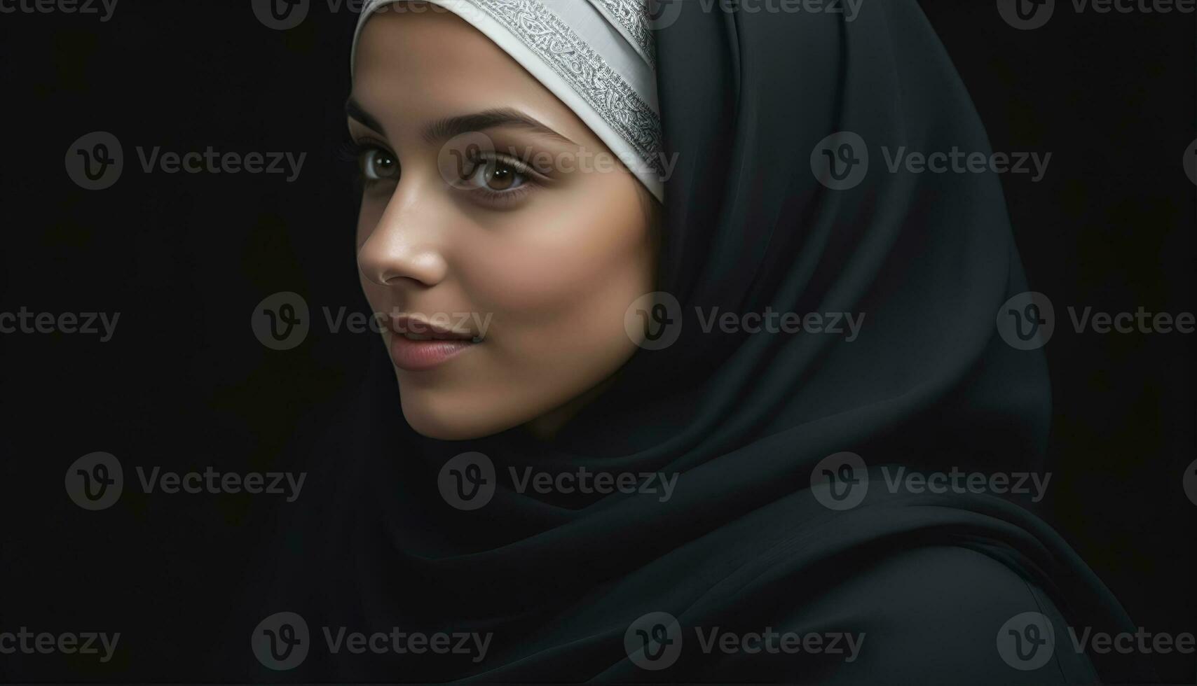 ai generado hermosa musulmán mujer sonriente y riendo vistiendo un hijab y decorado chal foto