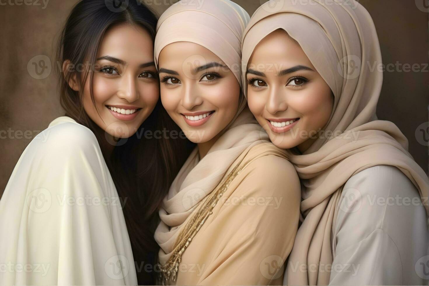 AI generated Beautiful group of Muslims women smiling and laughing wearing a hijab and decorated shawl photo