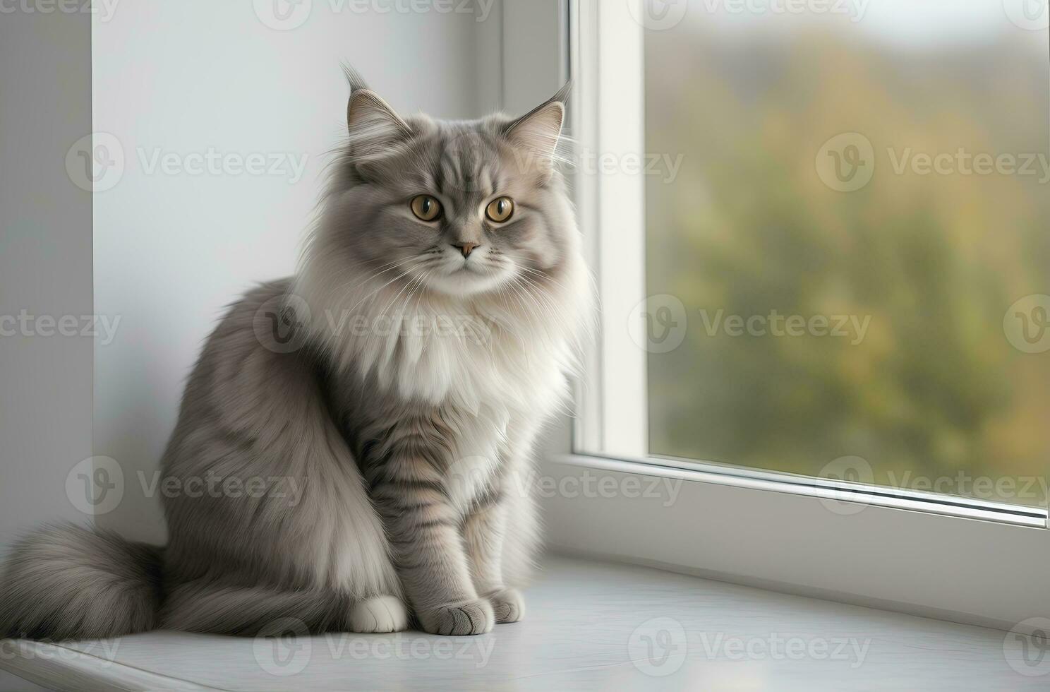 AI generated image of a cute cat seated on a windowsill photo