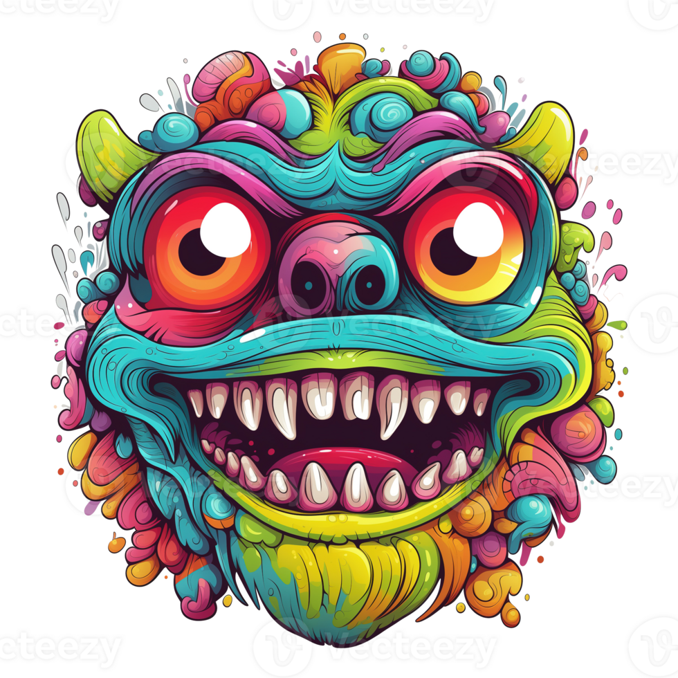 AI generated illustration of monster face with colorful eyes and mouth png