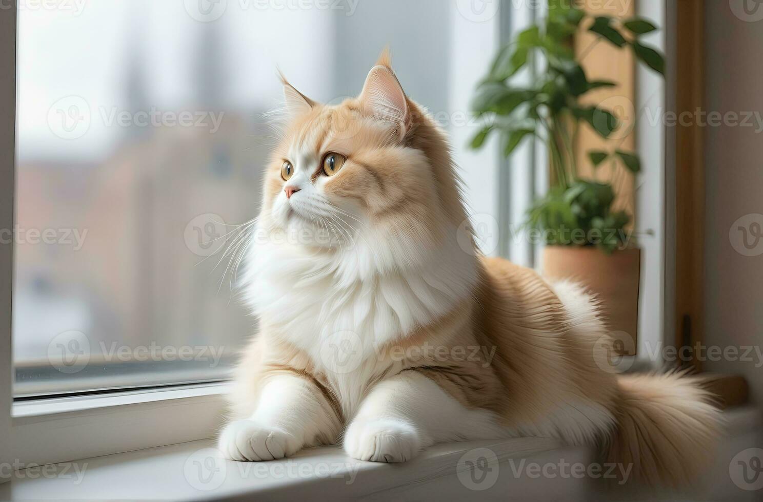 AI generated image of a cute cat seated on a windowsill photo