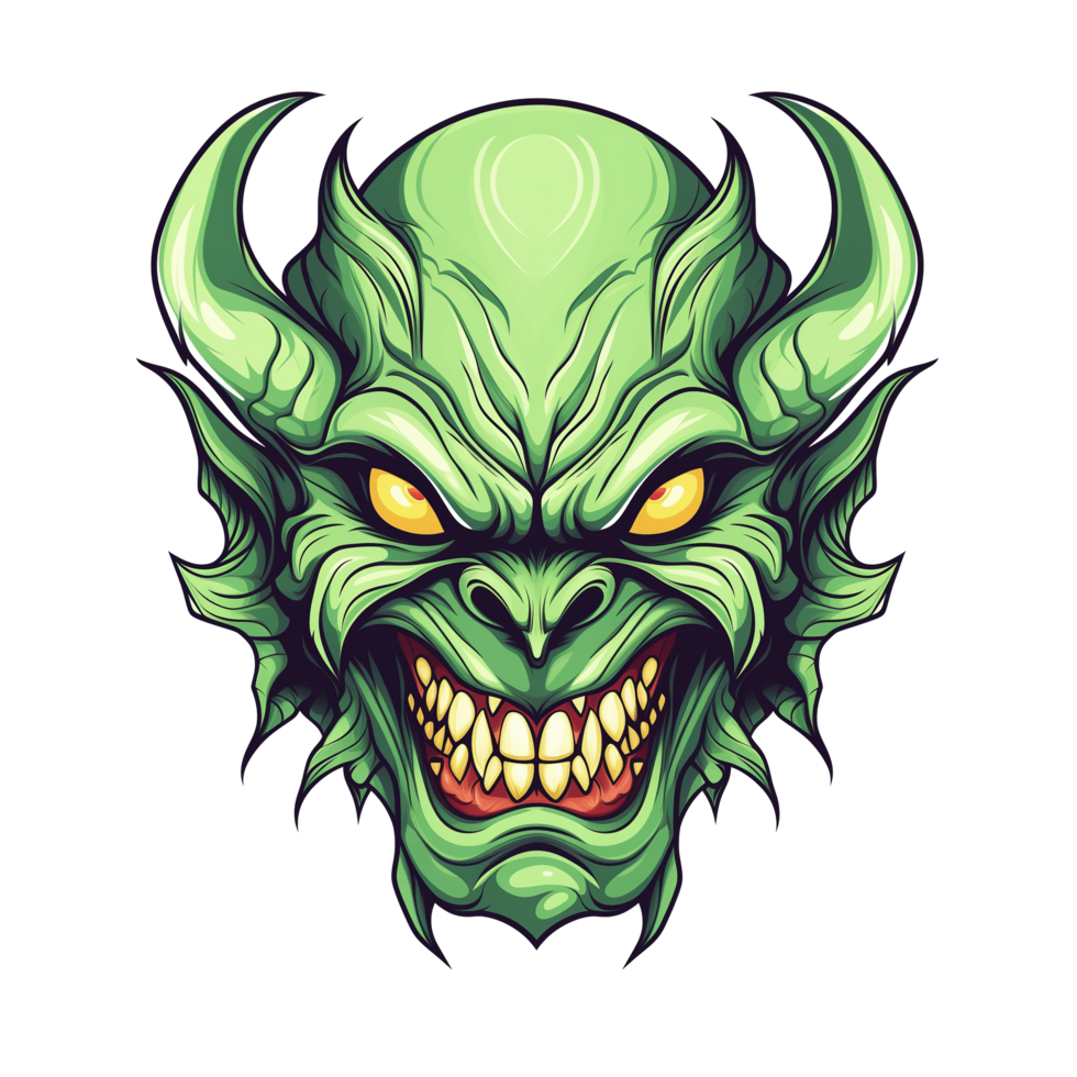 AI generated Green monster face with horns isolated on transparent background png