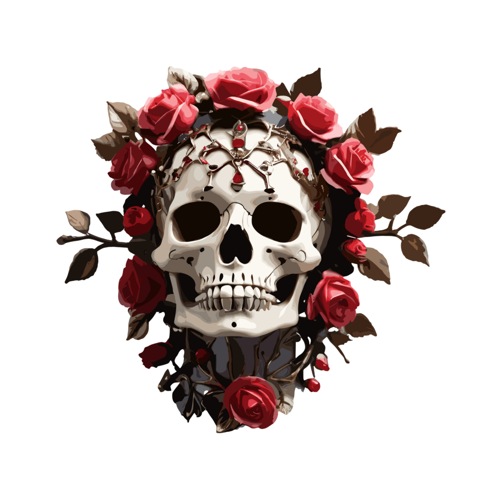 AI generated Elegant Human Skull Illustration with Rose Crown Tailored for shirt designs and sticker applications, combining grace and creativity. png