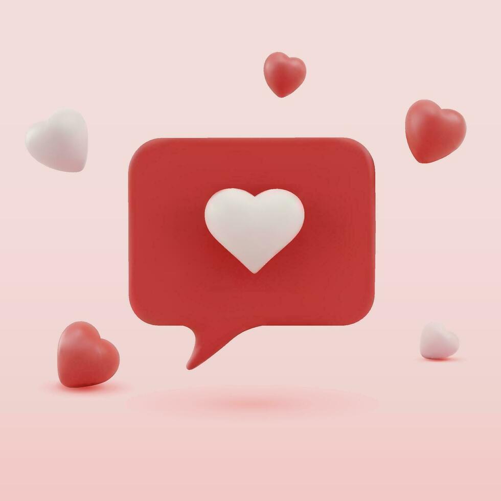 3d red love message icon with white heart. Valentine card message. 3d vector illustration. Speech bubble icon with heart. Light pink background with hearts. Valentines day.