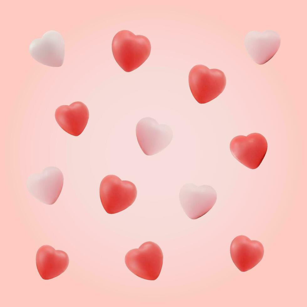 Pink background with 3d hearts icons. Valentines day. Vector illustration in 3d style. Valentine card background.