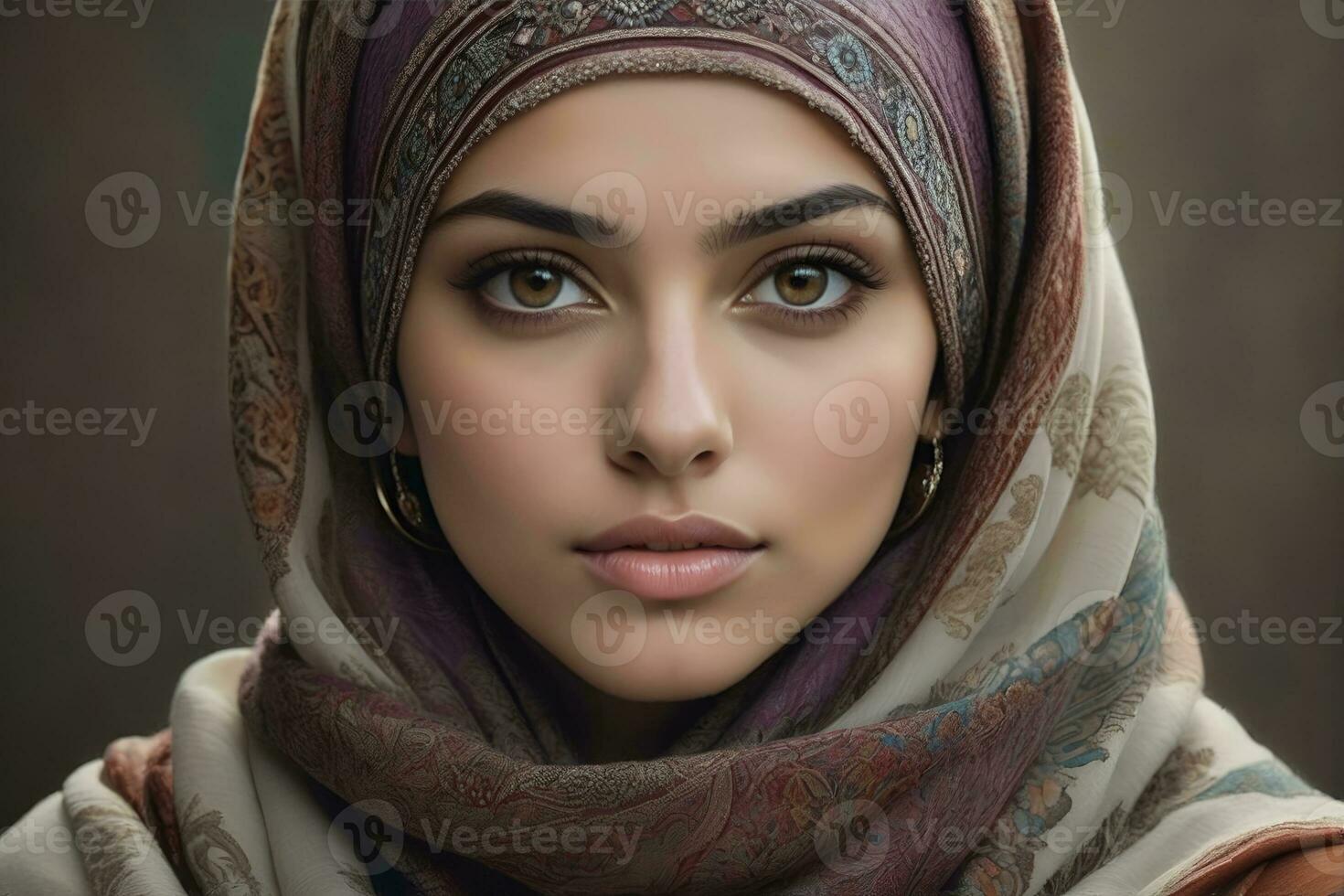 AI generated Beautiful Muslim woman smiling and laughing wearing a hijab and decorated shawl photo