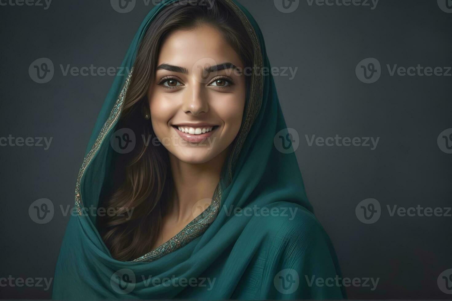 AI generated Beautiful Muslim woman smiling and laughing wearing a hijab and decorated shawl photo