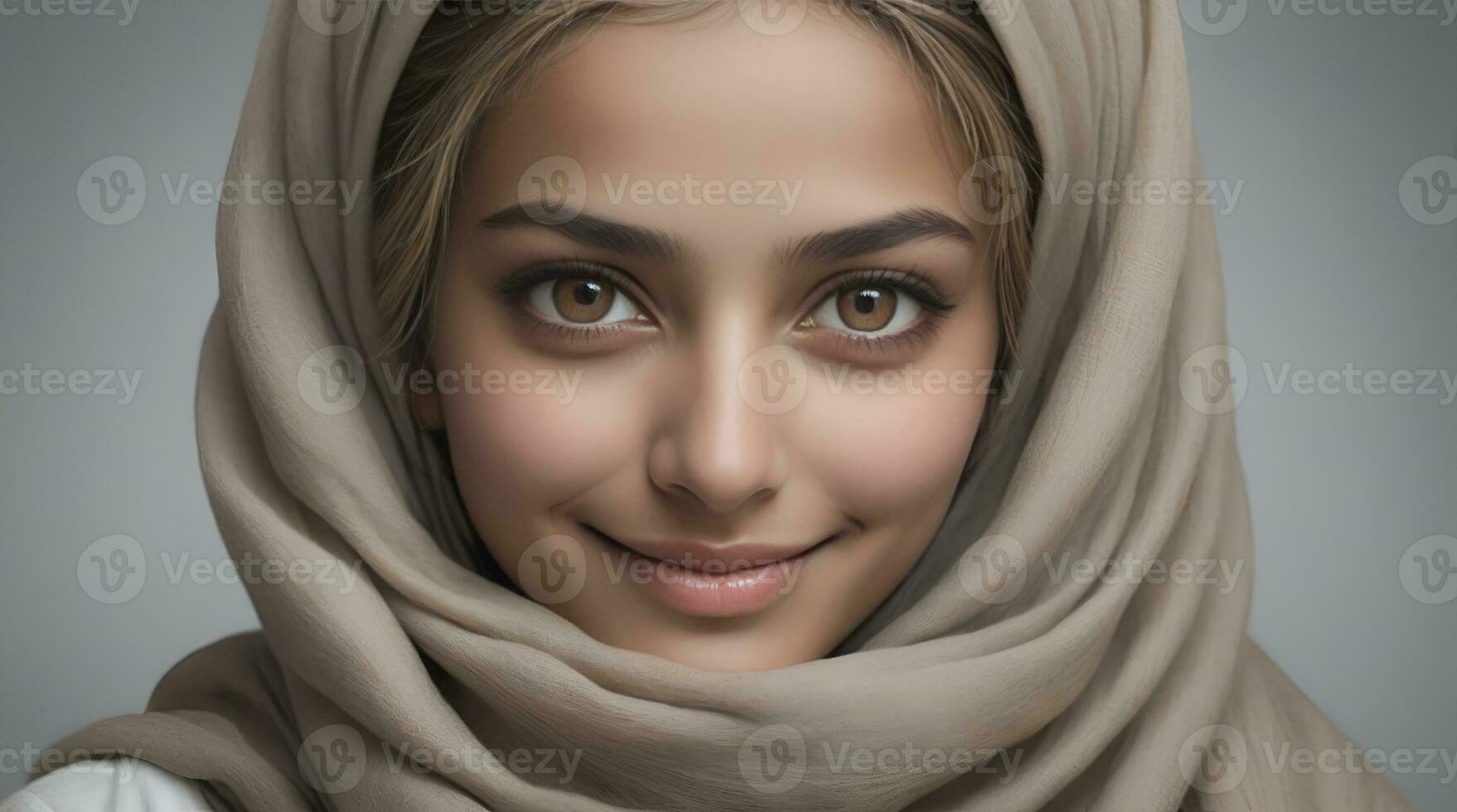 AI generated Beautiful Muslim woman smiling and laughing wearing a hijab and decorated shawl photo