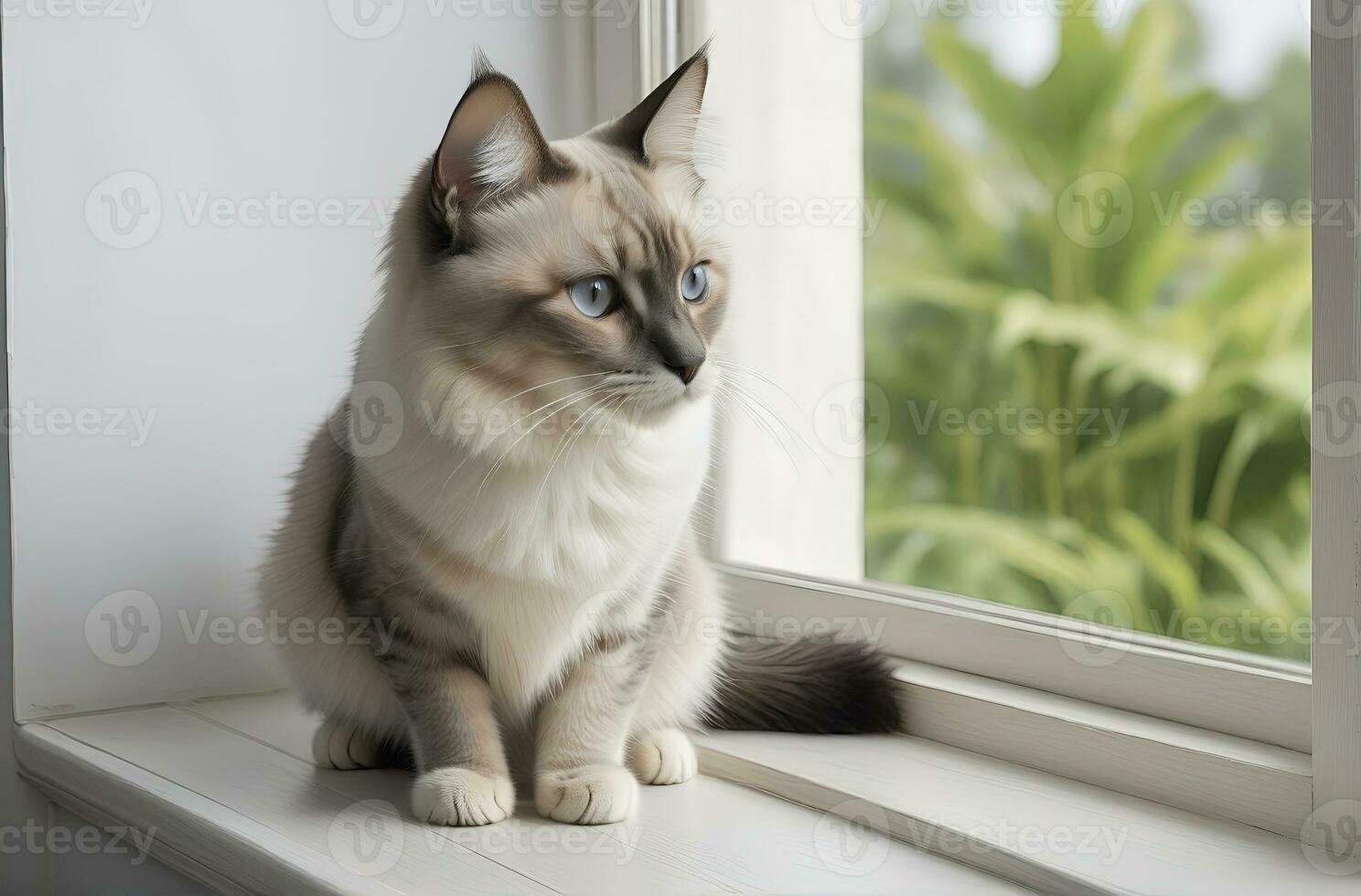 AI generated image of a cute cat seated on a windowsill photo