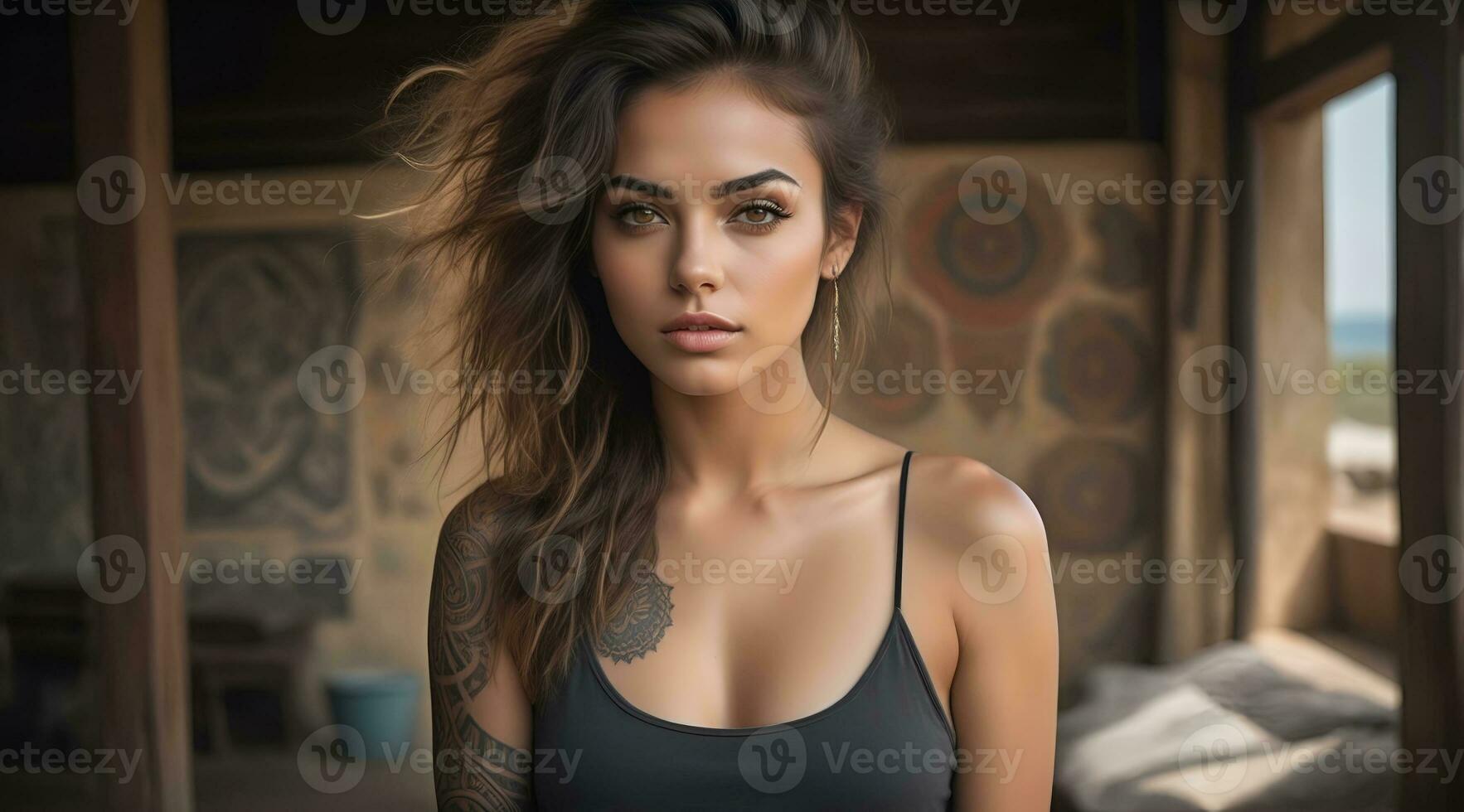 ai generado retrato de un mujer con un cuerpo lleno de artístico tatuajes foto