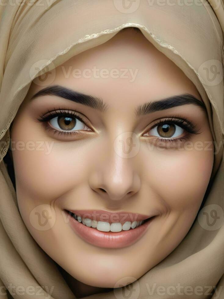 AI generated Beautiful Muslim woman smiling and laughing wearing a hijab and decorated shawl photo