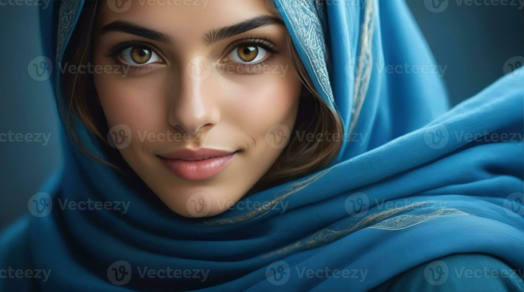 AI generated Beautiful Muslim woman smiling and laughing wearing a hijab and decorated shawl photo