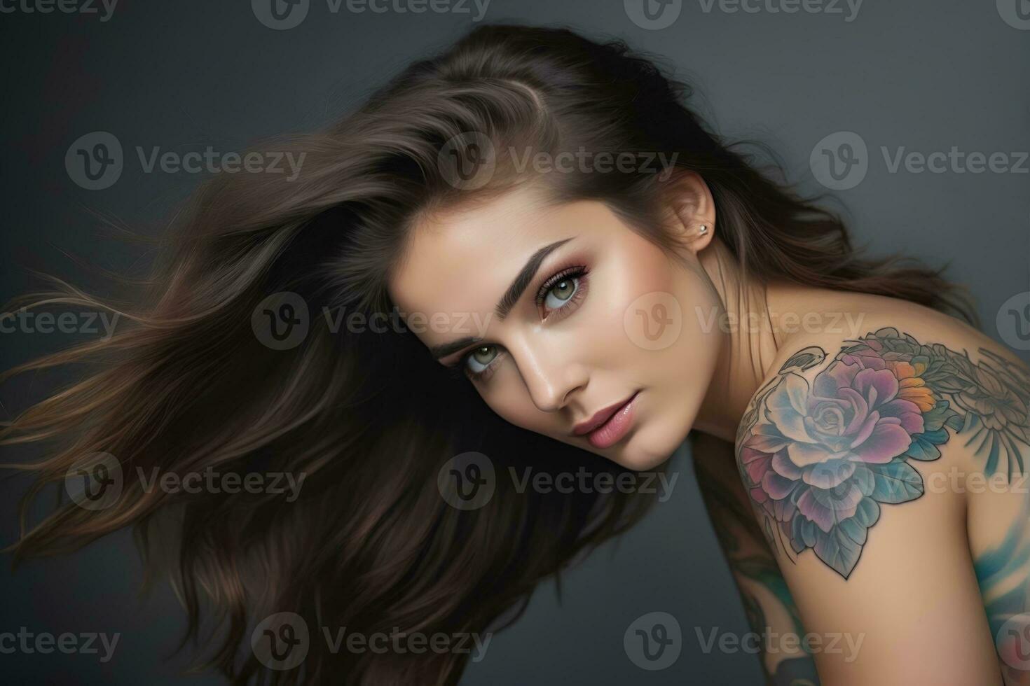 AI generated Portrait of a woman with a body full of artistic tattoos photo