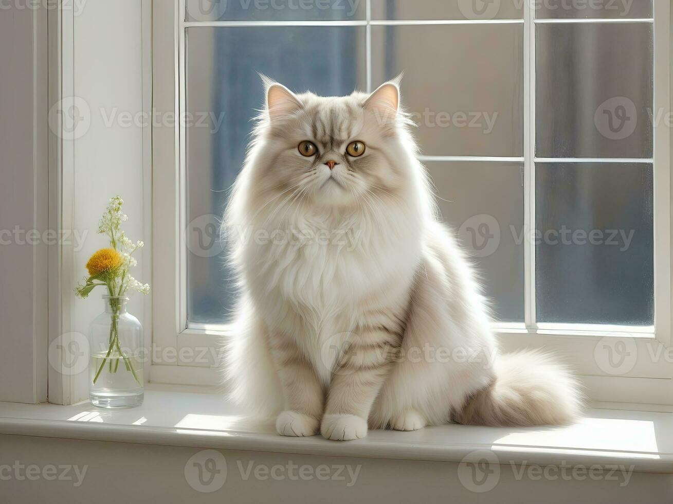 AI generated image of a cute cat seated on a windowsill photo