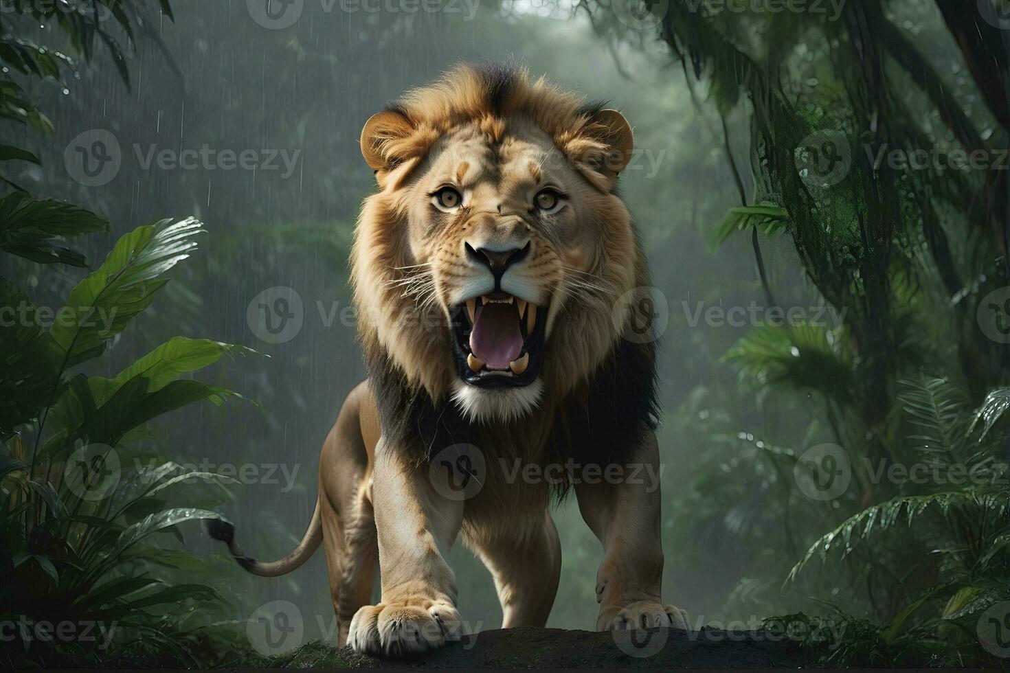 AI generated lion's attack, Realistic images of wild animal attacks photo