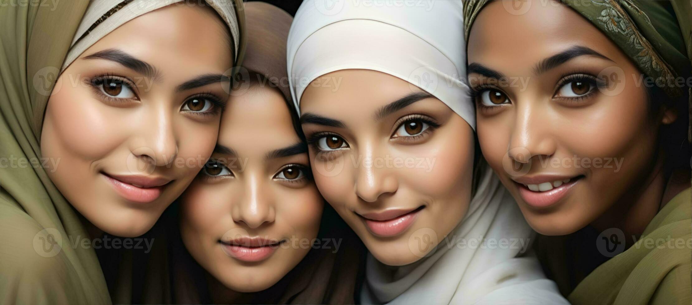 AI generated Beautiful group of Muslims women smiling and laughing wearing a hijab and decorated shawl photo