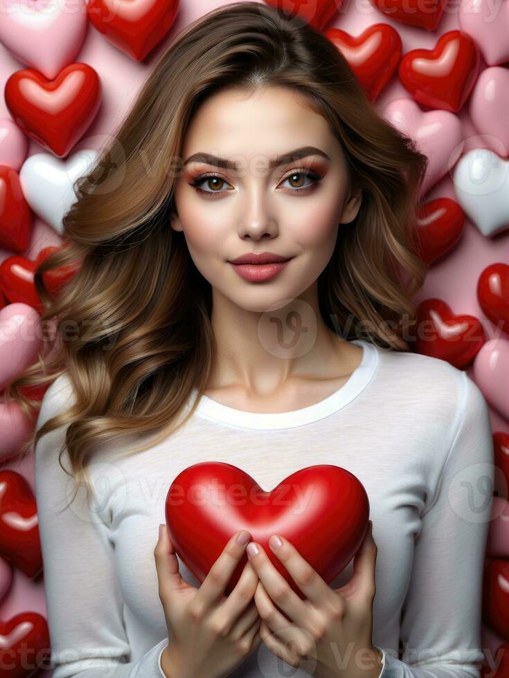 AI generated celebration for Valentine's Day with beautiful young woman holds a red heart in her hands. photo