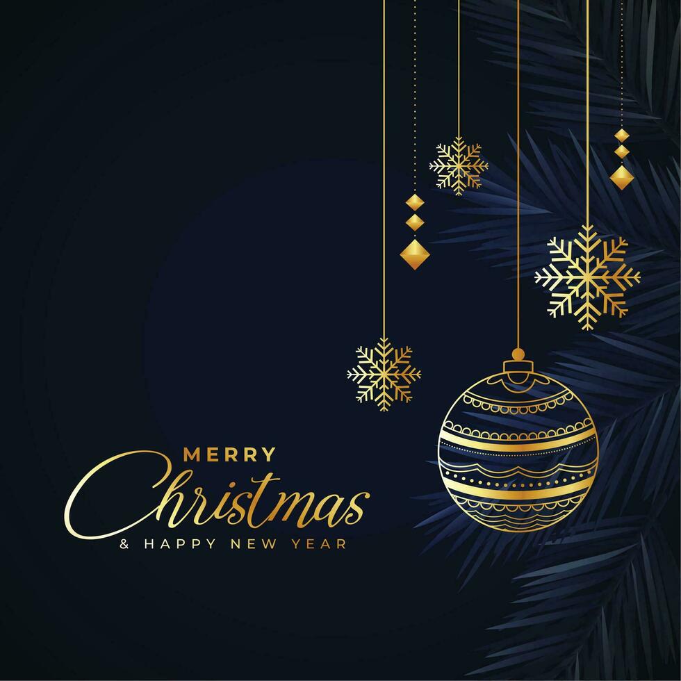 premium merry christmas greeting card with golden ball design vector