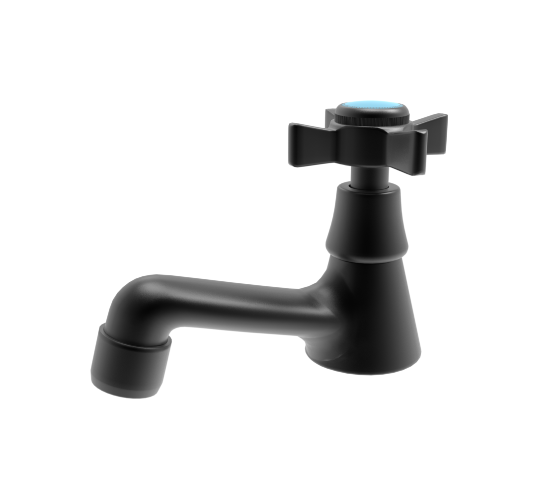 black kitchen faucet with blue handle on a transparent background png